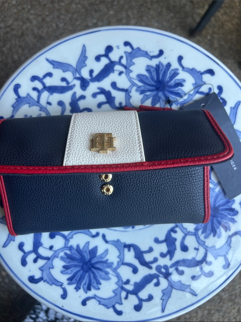 Tommy Hilfiger Navy, White & Red Pebbled Leather Clutch